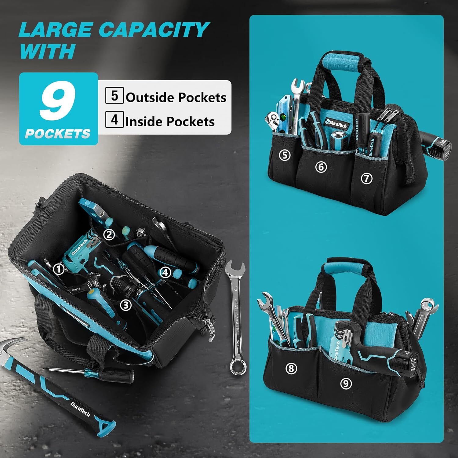 DURATECH 13-Inch Small Tool Bag with 9 Pockets Wide Open Mouth Polyester NEW