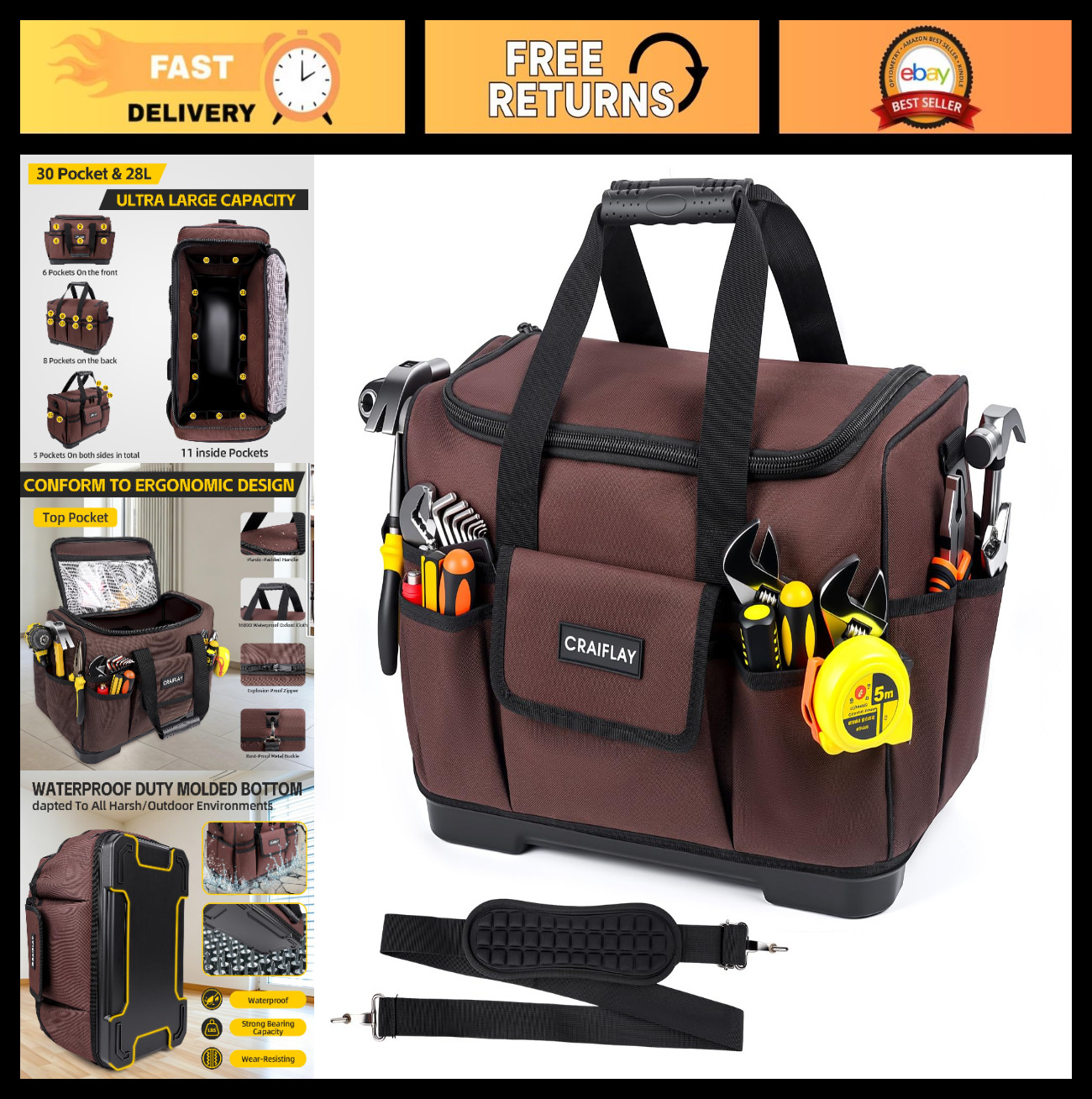 Heavy Duty 16-Inch Tool Bag – 29 Pocket Organizer, Waterproof Oxford, Electricia