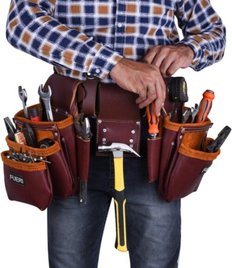 FUERI Leather Tool Belt 17 Pocket Pouches Bags Men Suspenders Holder Organizer