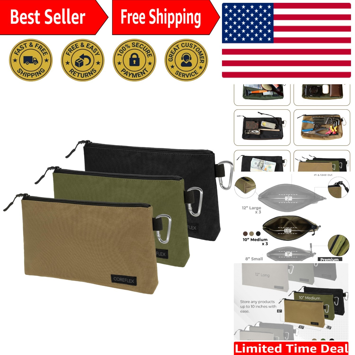 Durable Water-Resistant Tool Pouch Set – Flat Bottom Design with YKK Zippers