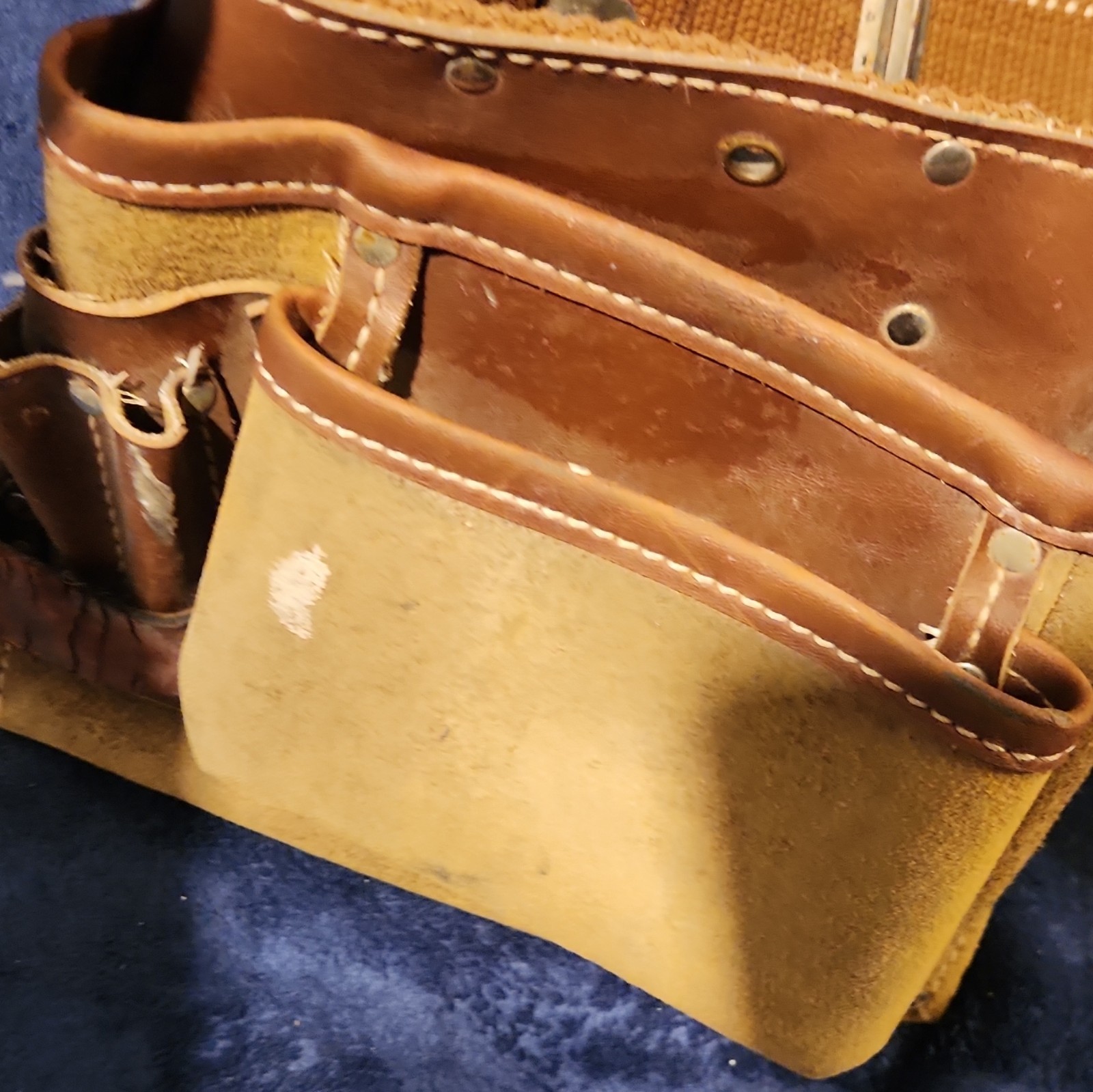 Brown/Tan Leather Tool Belt with Dual Pouches, Adjustable Web Belt, 1pc