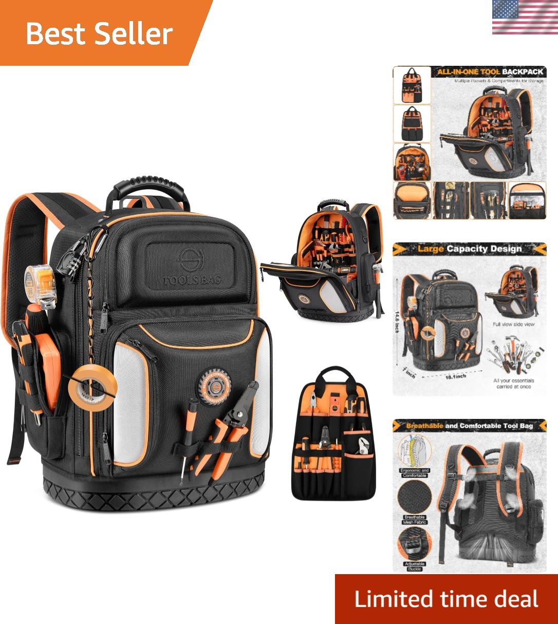 Professional Tool Backpack with 75 Pockets & Pull-Out Storage – Black & Orange
