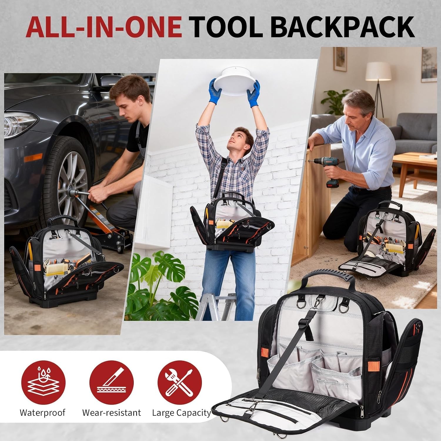2 Tier Tool Storage Tote Bag 40cm Polyester Removable Cases Hard Bottom Black