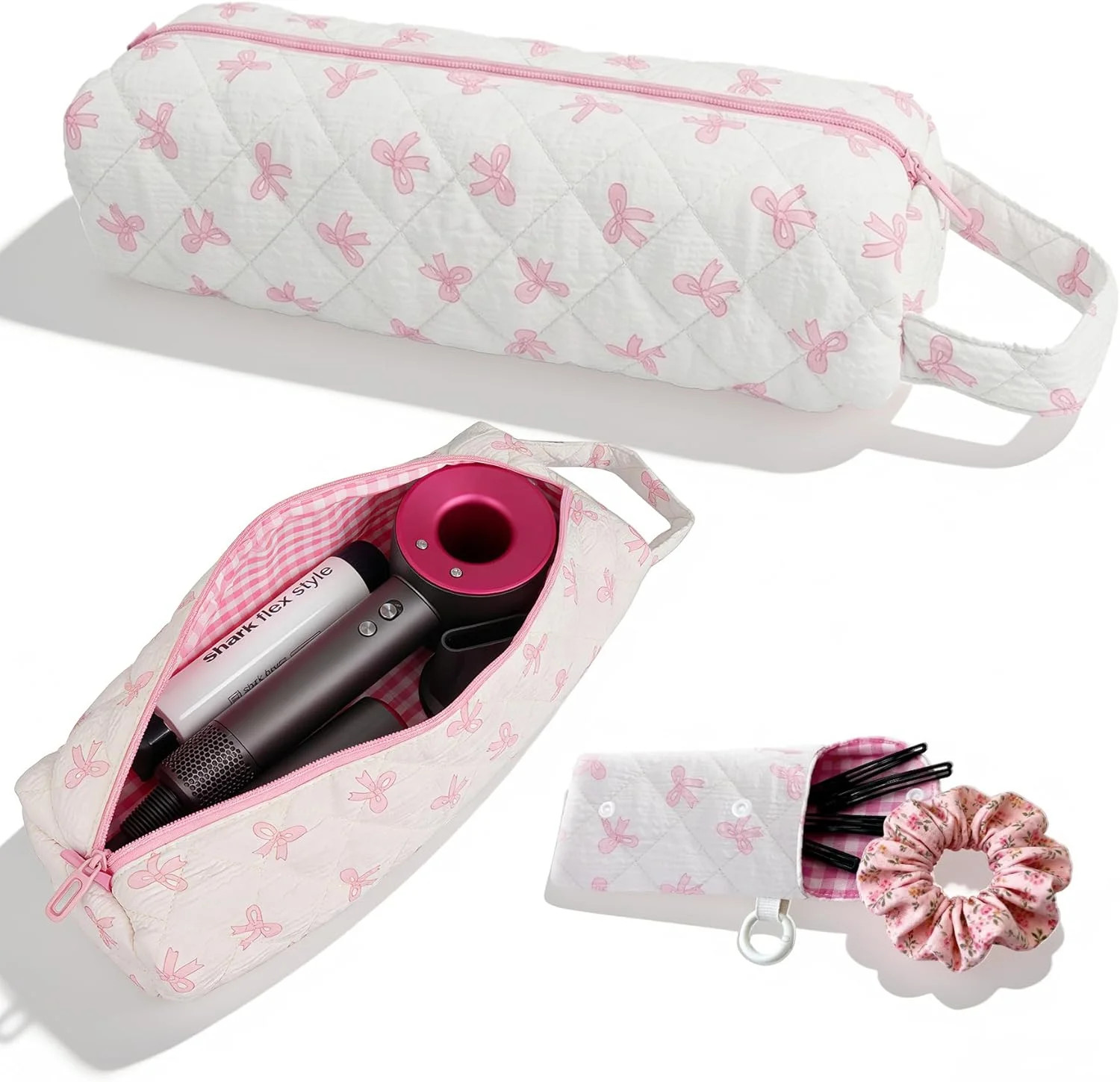 Hair Tool Bag with Matching Small Pouch, Pink Bow Quilted Hair Tools Travel Bag,