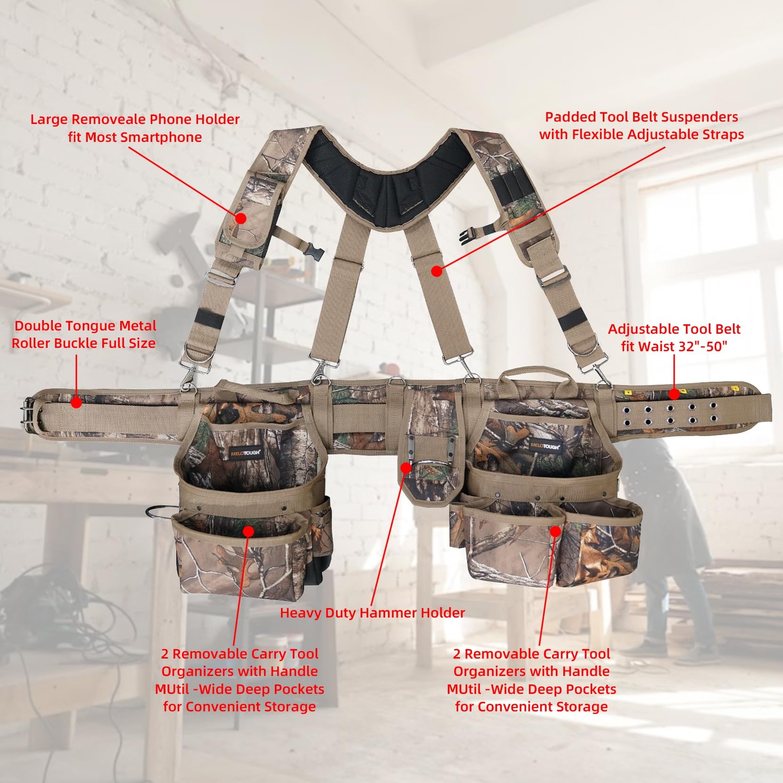 MELOTOUGH Camo Tool Belt with Suspenders Camouflage Tool Bag Supenders Framer…