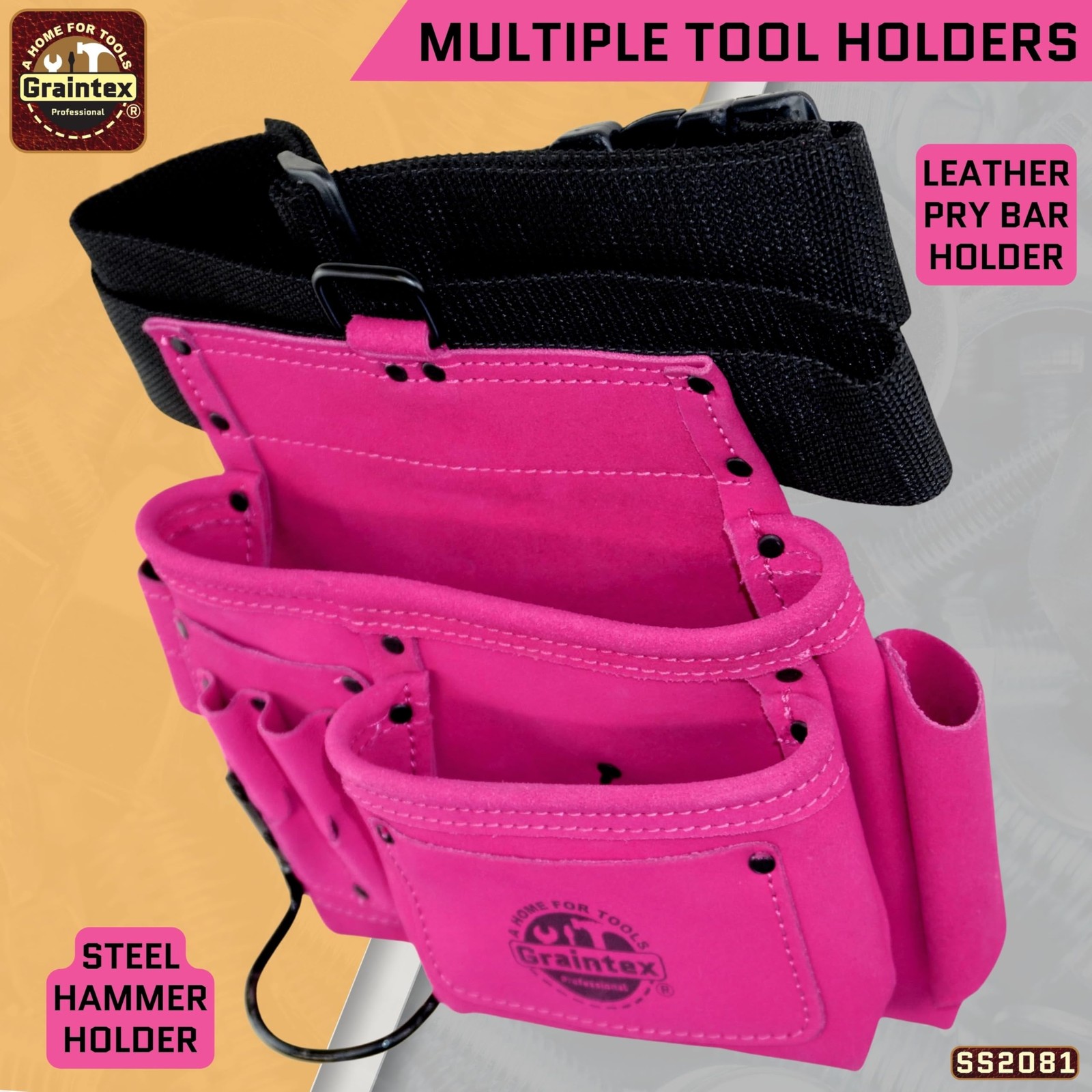 Graintex 5 Pocket Suede Leather Tool Belt/Bag | Pink | Multipurpose Leather T…