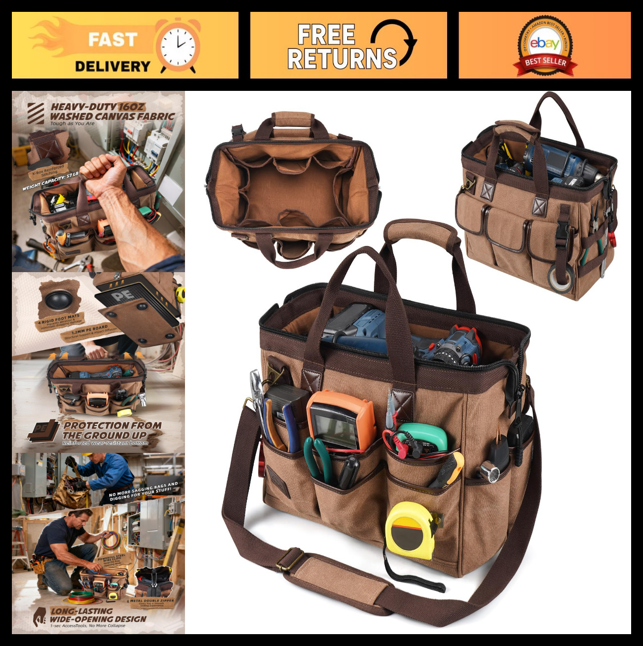 14″ Portable Electrician Tool Bag – 21 Pockets, Heavy Duty Canvas, Wide Mouth, A