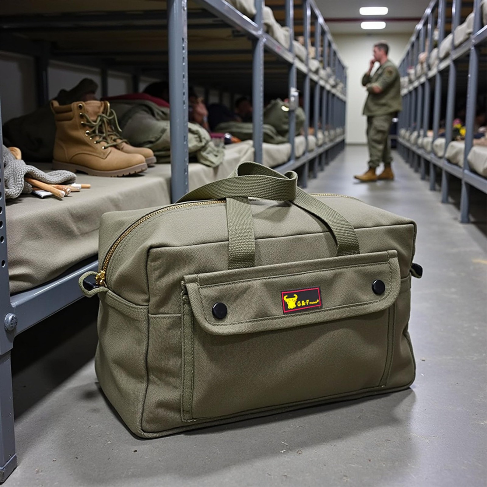 Waxed Canvas Military Duffle Bag, Water-Resistant, Adjustable Strap, Double Z…