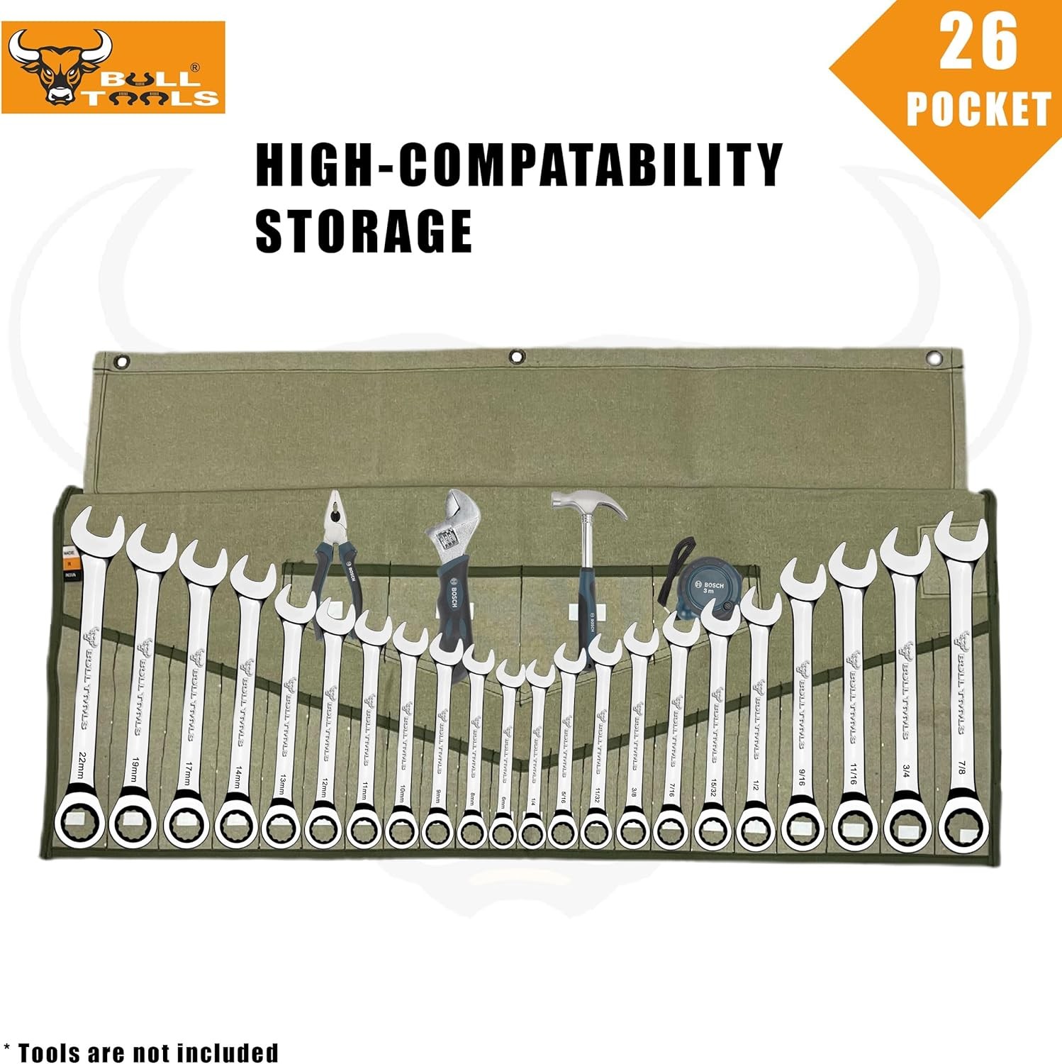 BULL TOOLS Tool Roll Organizer with 26 Pockets for Wrenches, Metric & SAE Durabl
