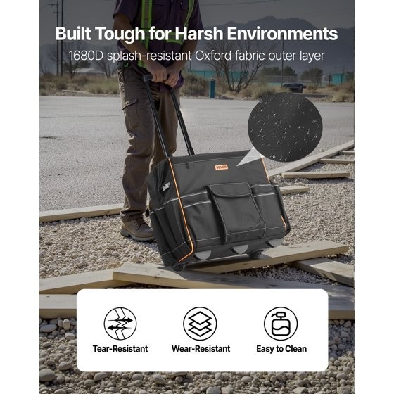 Rolling Tool Bag 18in Heavy Duty Wheeled Organizer Telescoping Handle 25 Pockets