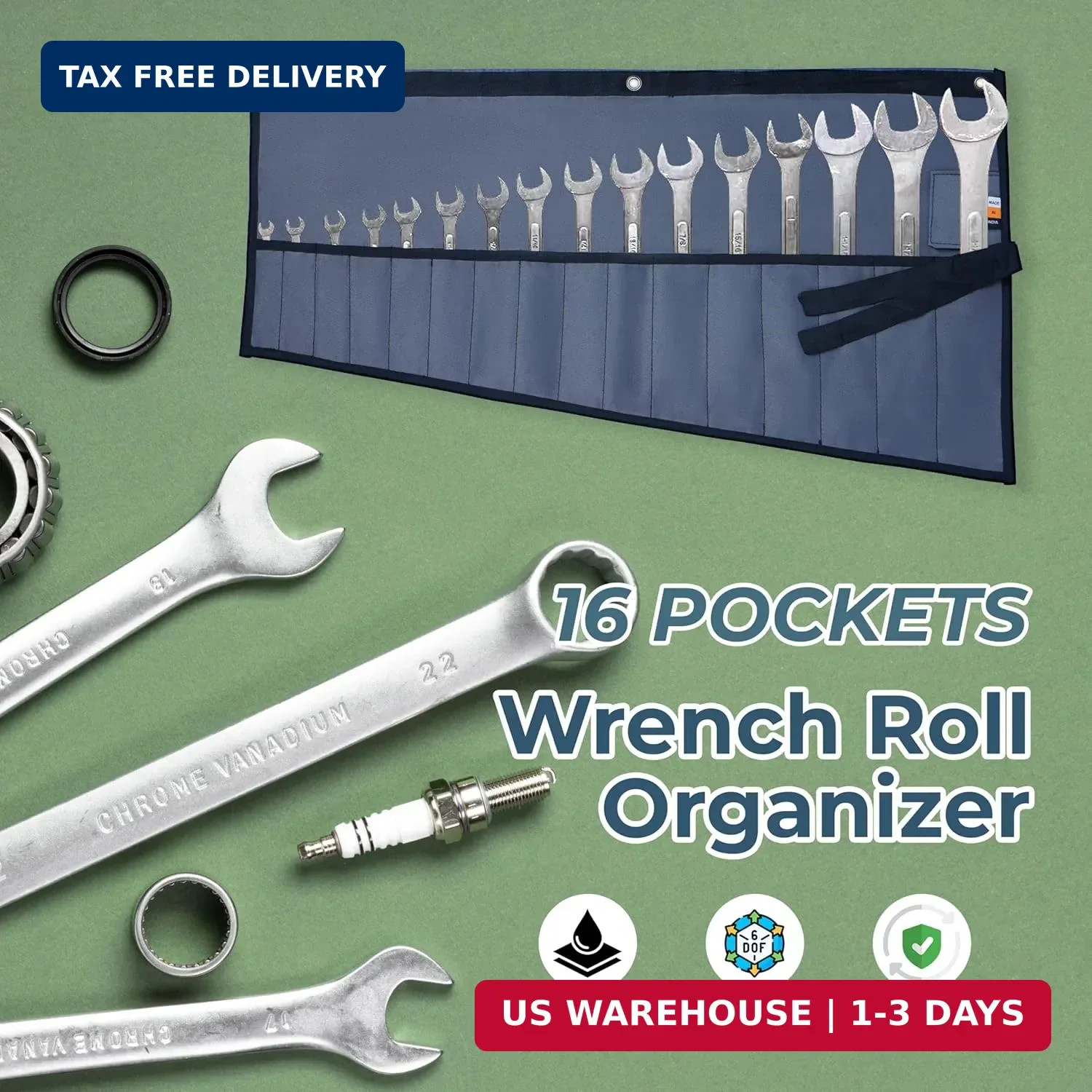 16 Pockets Wrench Roll Up Pouch, Ratchet & Standard (MM/SAE) Wrench Set Organize