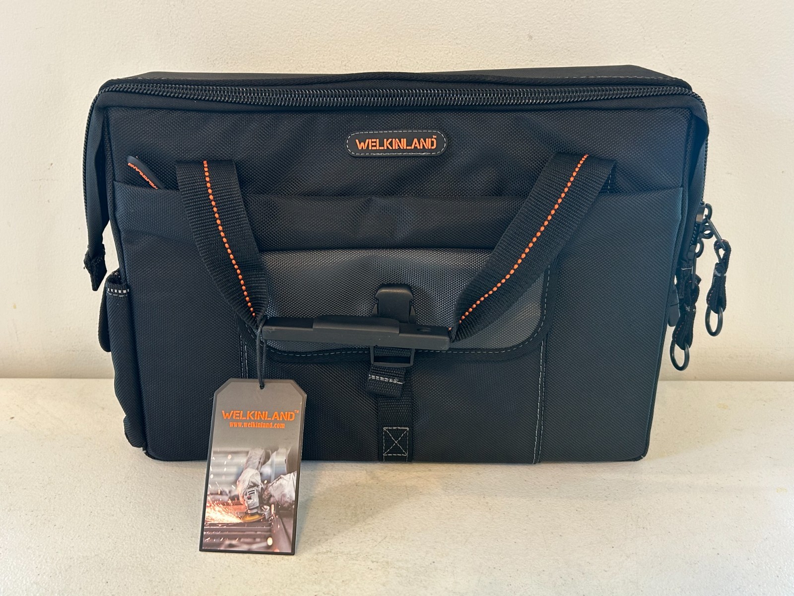 WELKINLAND 15-Pockets Electrician Tool Box Shoulder Tote Bag Large Black Orange