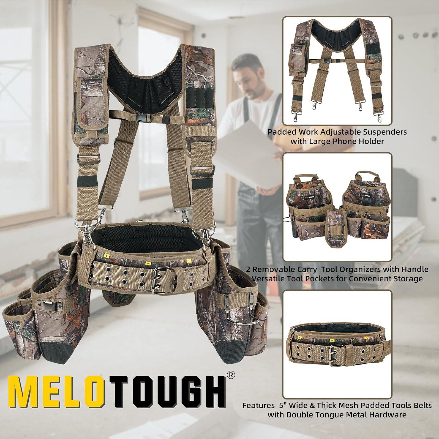 Heavy-Duty Camouflage Tool Belt with Suspenders for Electricians and Carpenters