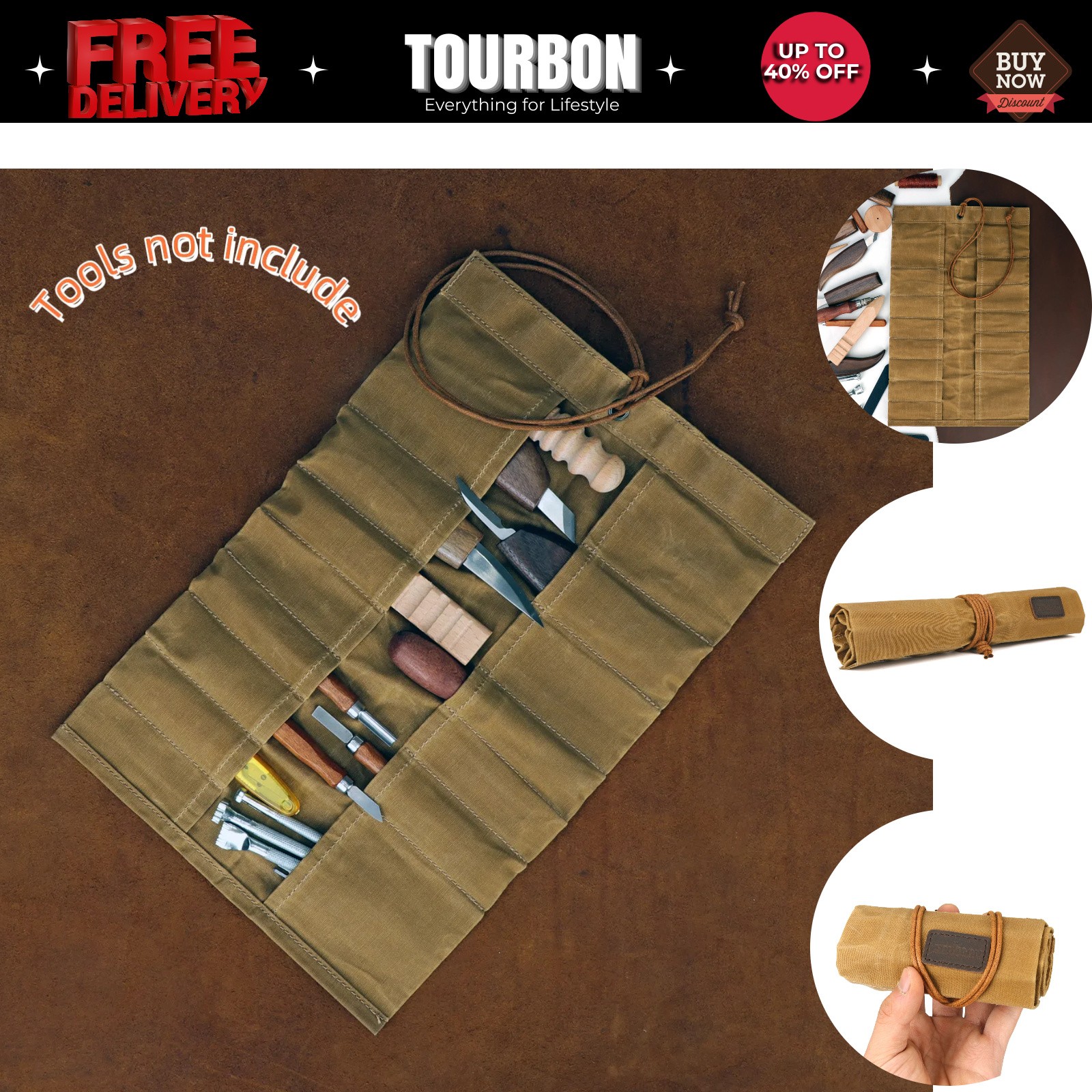 Tourbon Tools Pouch Roll Up Organizer Compact Carving Knife Holder Brown Durable