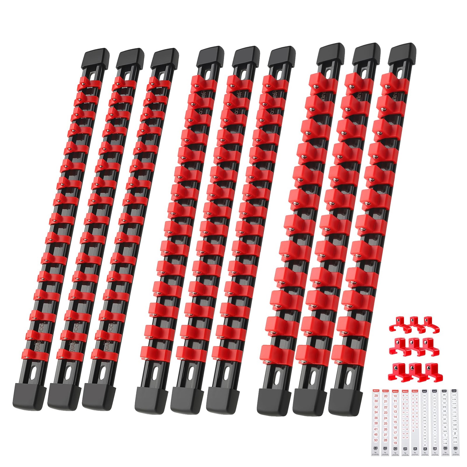 Reniteco 9-Piece Socket Organizer Set – 1/4-Inch x 48 Clips, 9 Pcs, Red