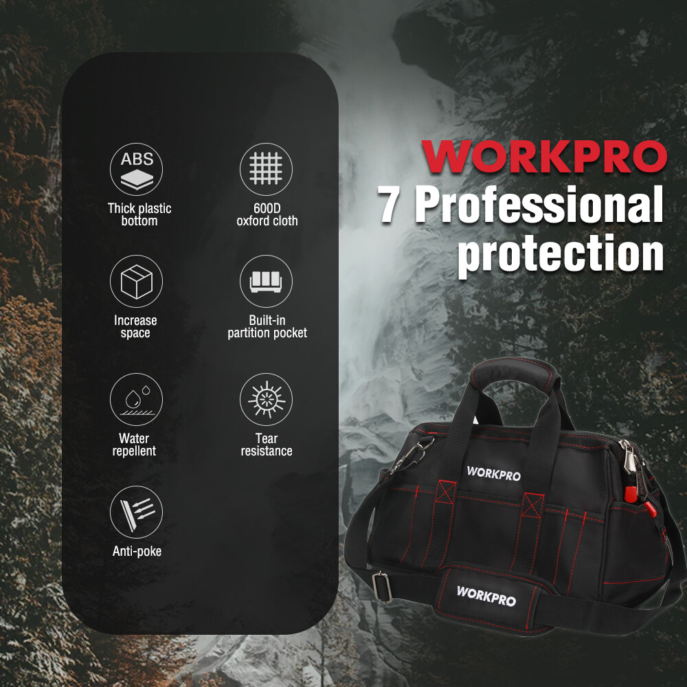 WORKPRO 16-in Close Top Wide Mouth Tool Storage Bag with Water Proof Rubber Base
