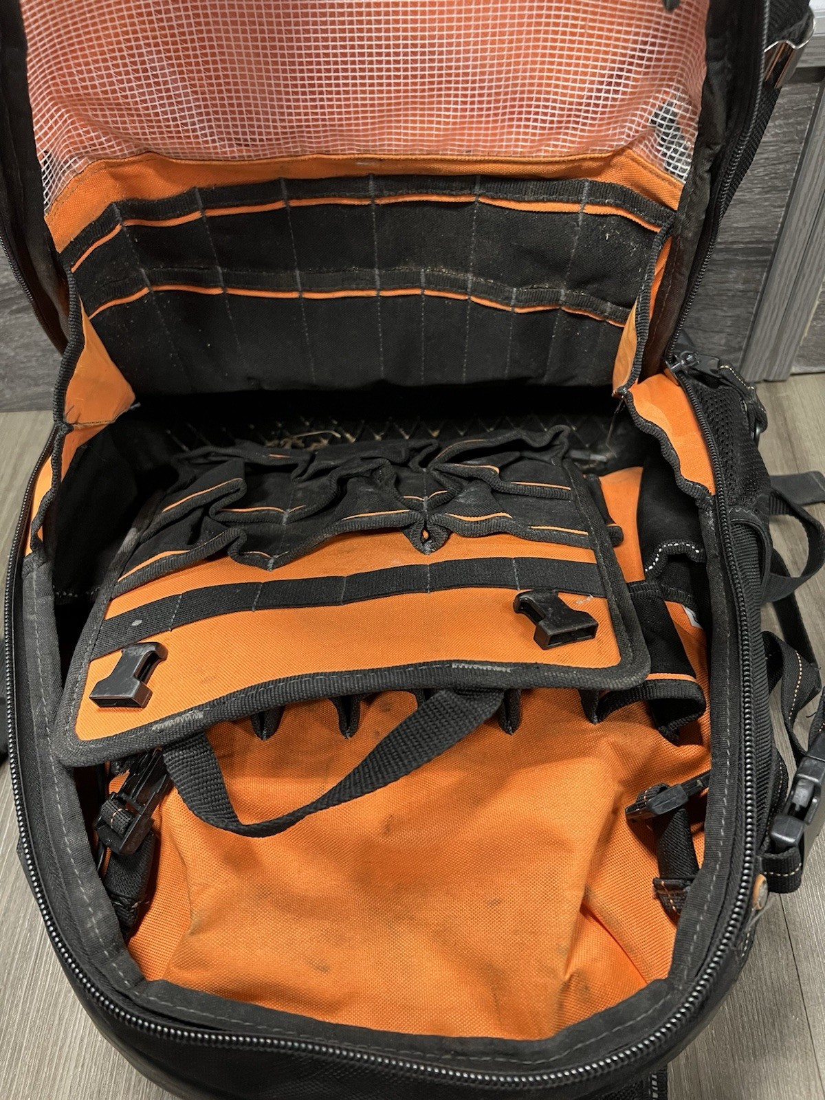 WELKINLAND 77 Pocket Large Tool Backpack Black/Orange Molded Base, Padded Handle