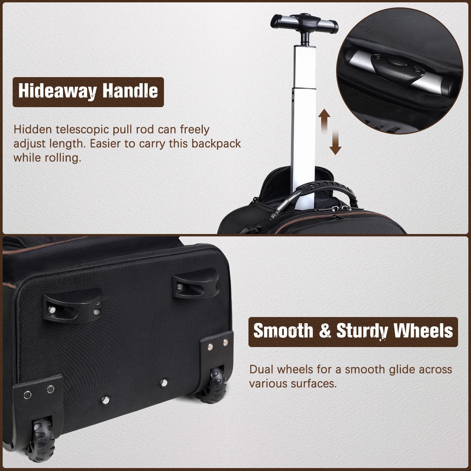 Rolling Tool Backpack Heavy Duty, 43 13.8″ x 8.7″ x 18.5″, ‎Black-Brown