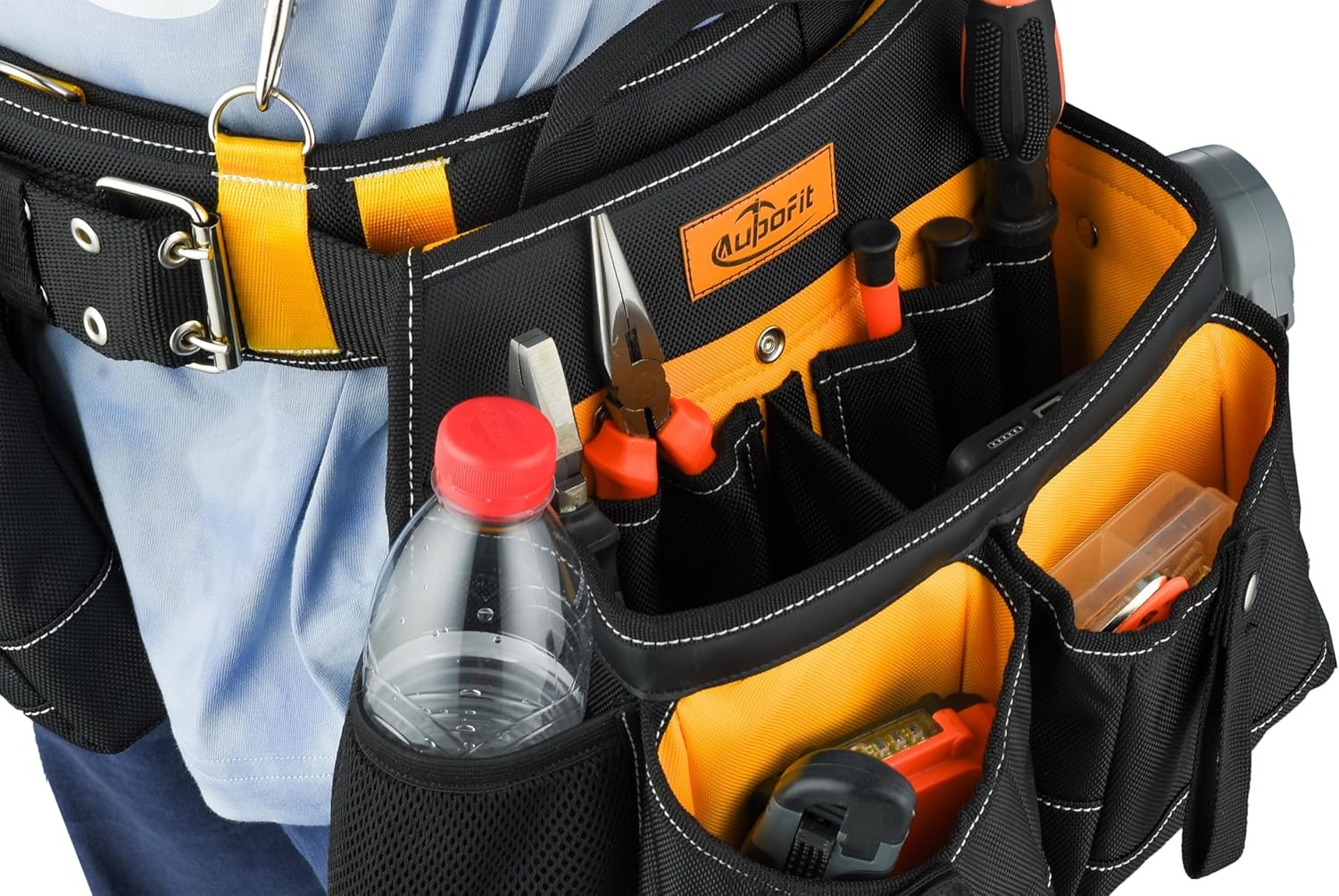 7Pc Tool Belt w/ Suspenders Heavy Duty 32 Pocket Construction Rig Black Yellow