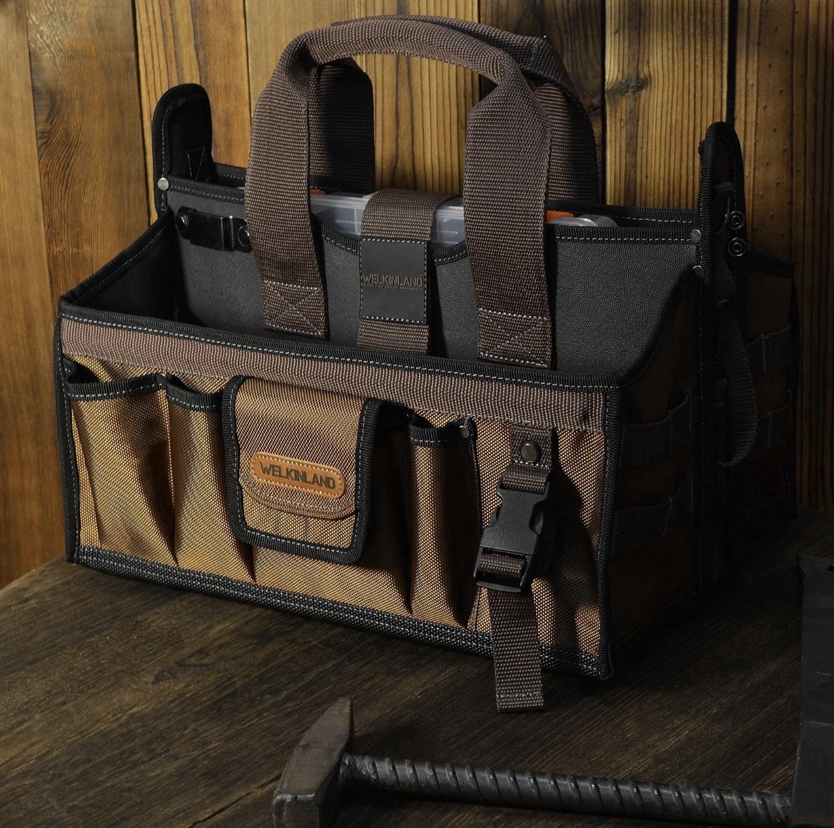 WELKINLAND 20-Pockets Tool Tote Bag, 16″ Electrician Black/Brown