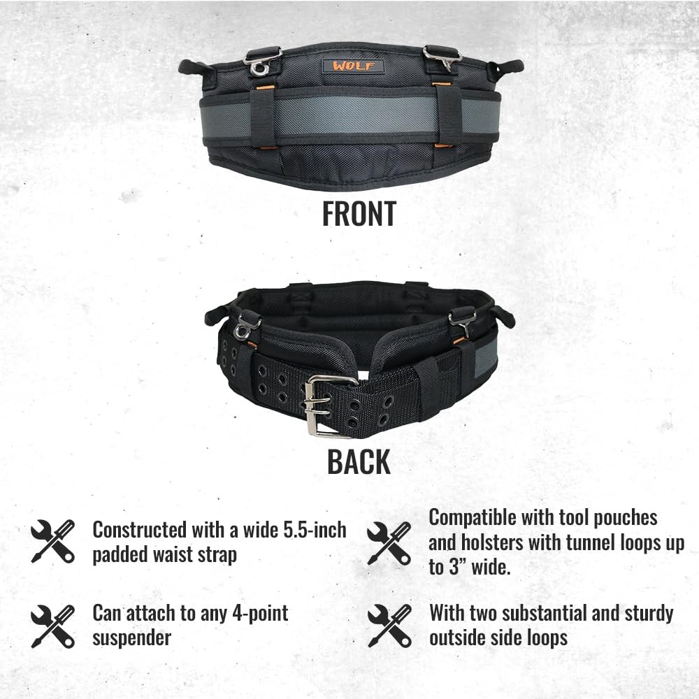 WOLF WTH2110 Heavy-Duty Padded Tool Belt with Suspenders and Pouch Compatibility