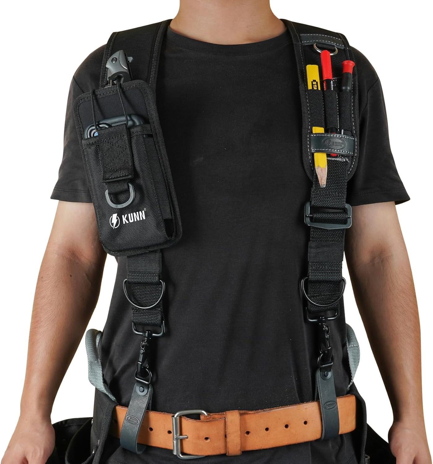Premium Black Leather Tool Belt Suspenders for Carpenters & Electricians