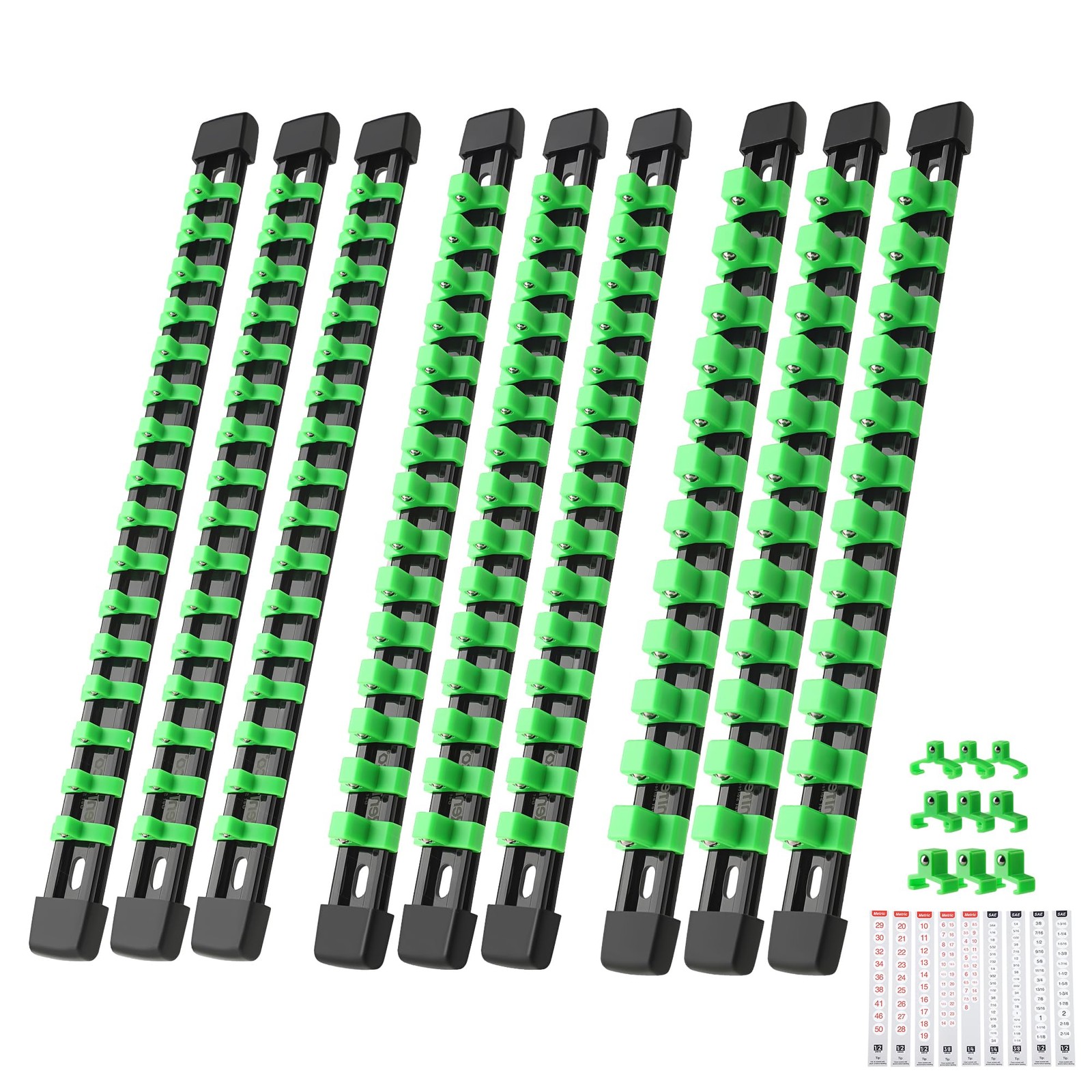 Reniteco 9-Piece Socket Organizer Set – 1/4-Inch x 48 Clips, 9 Pcs, Green