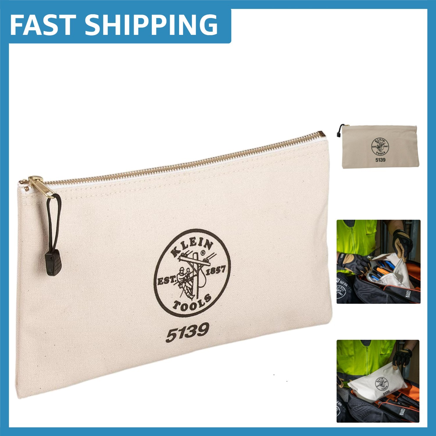 Elegant 12.5″ Canvas Tool Pouch with Strong Brass Zipper and Shoulder Strap