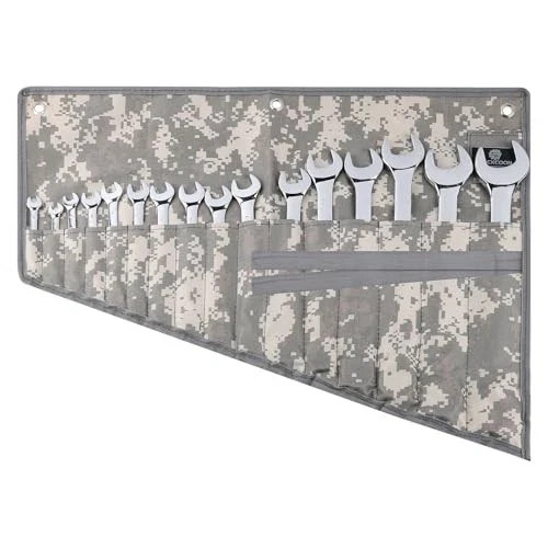16 Pocket Wrench Roll Organizer—Rolled Tool Pouch Bag—Light Camouflage