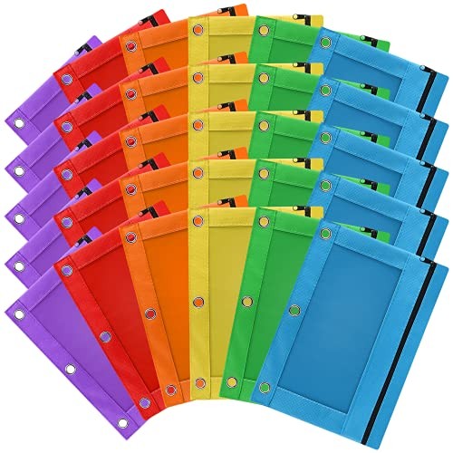 30 Pack 3-Ring Pencil Pouches, Assorted Colors, 9.8″x7.1″ Zipper Pen Cases