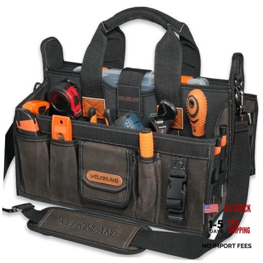 20-Pockets Electrician Tool Tote, 16″-Wide Open Top Tool Tote, Waxed-Canvas
