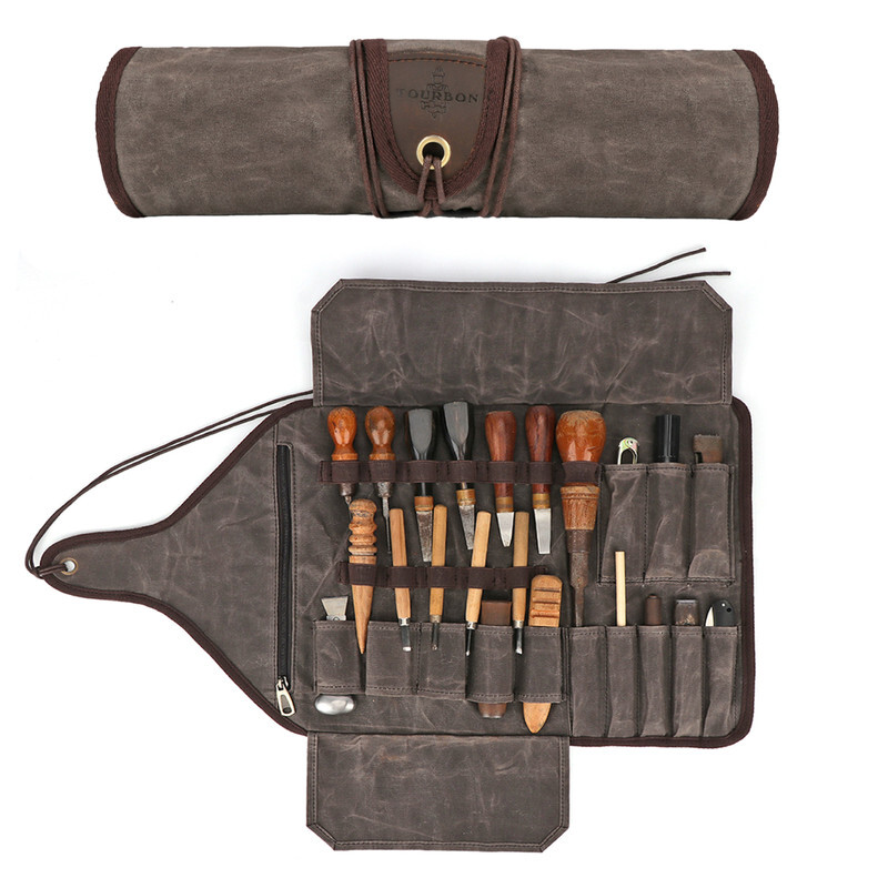 TOURBON Roll Carving Tool Organizer Bag Storage Holder Zip Pouch Wax Canvas US