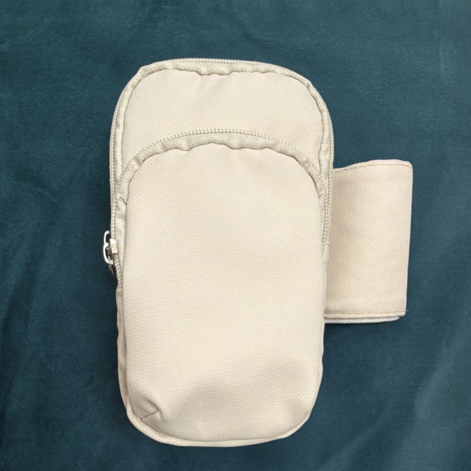 Beige Fabric Running Arm Pouch with, Zippers Closures & Compartments 7”x4”