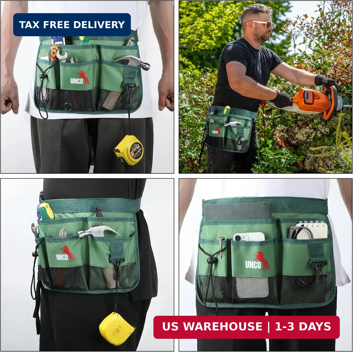 UNCO- Adjustable Gardening Belt, Green, 7 Pockets, Wear, Cut and Water Resistant