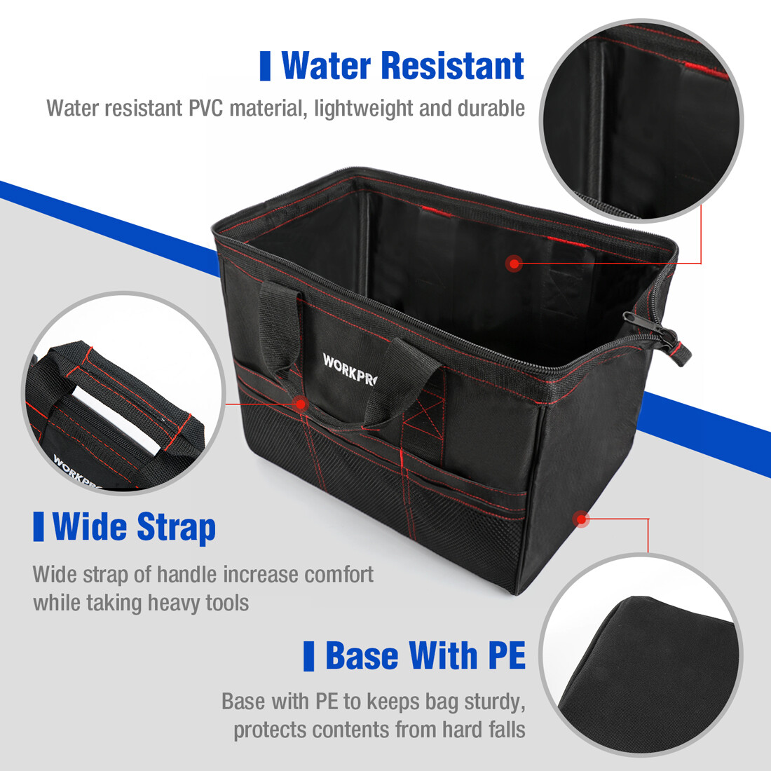 WORKPRO 2 Pieces 13″ 18″ TOOL BAG Wide Mouth Heavy Duty Tote Storage with Zipper