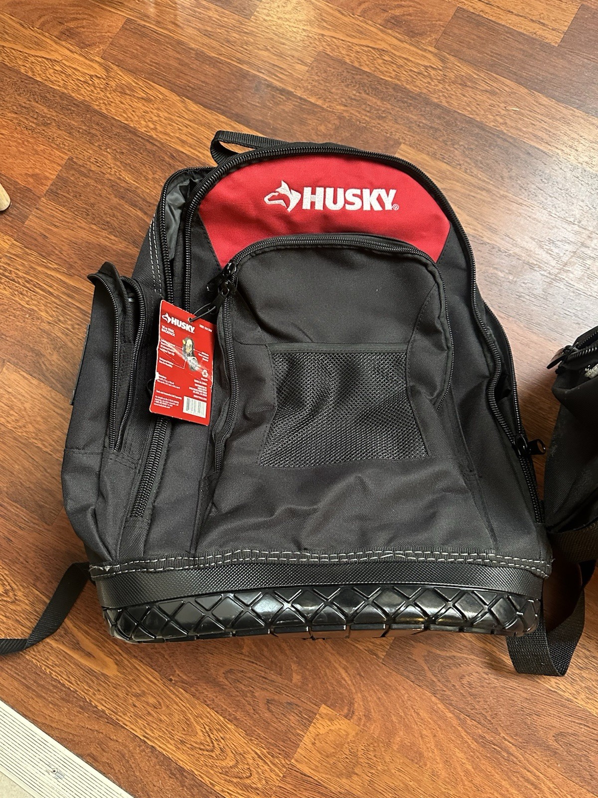 Husky Tool Backpack Reinforced Bottom Padded Handle Black Red Fabric