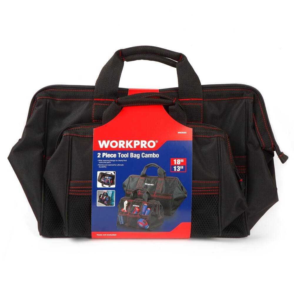 WORKPRO 2 Pieces 13″ 18″ TOOL BAG Wide Mouth Heavy Duty Tote Storage with Zipper