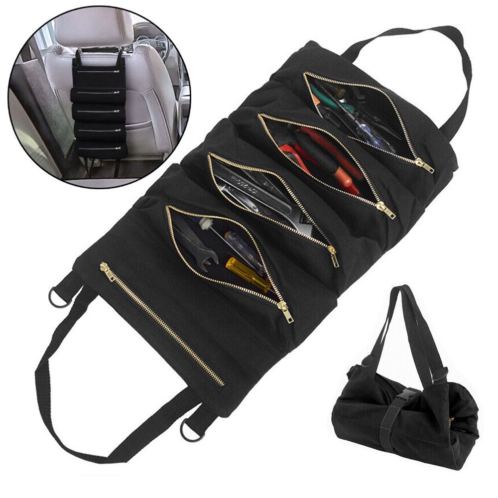 Multi-Purpose Tool Roll Up Bag Wrench Pouch Canvas Hanging Organizer w/ 5 Pocket