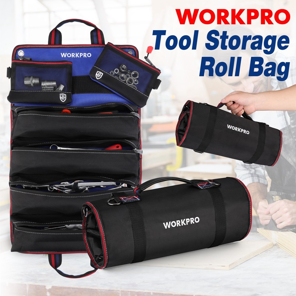 WORKPRO Heavy Duty Roll Up Tool Bag Tool Organize Detachable Pouches w/6 Pockets