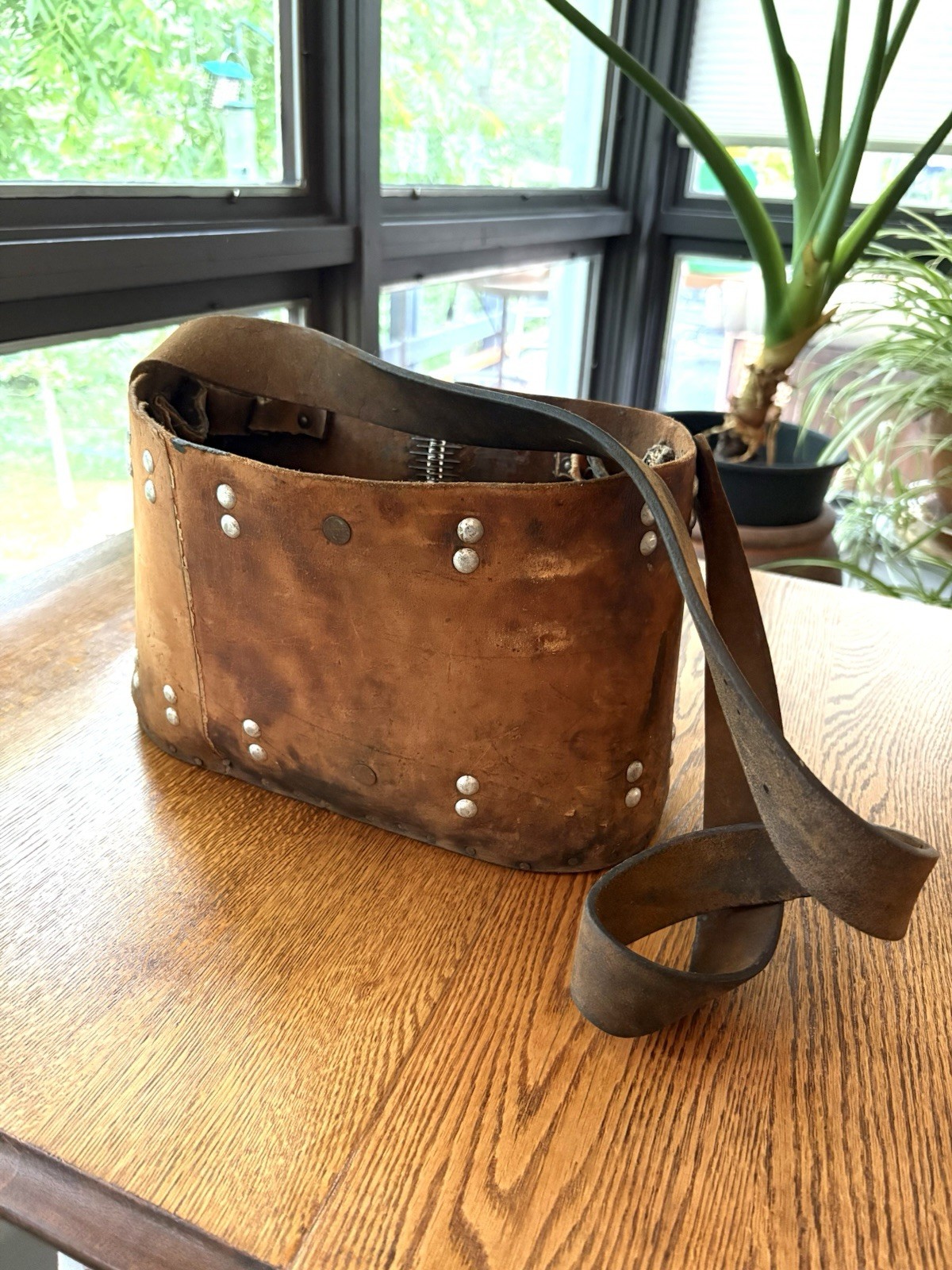 Early 20th century industrial riveted & stitched mechanic Leather Wood tool bag
