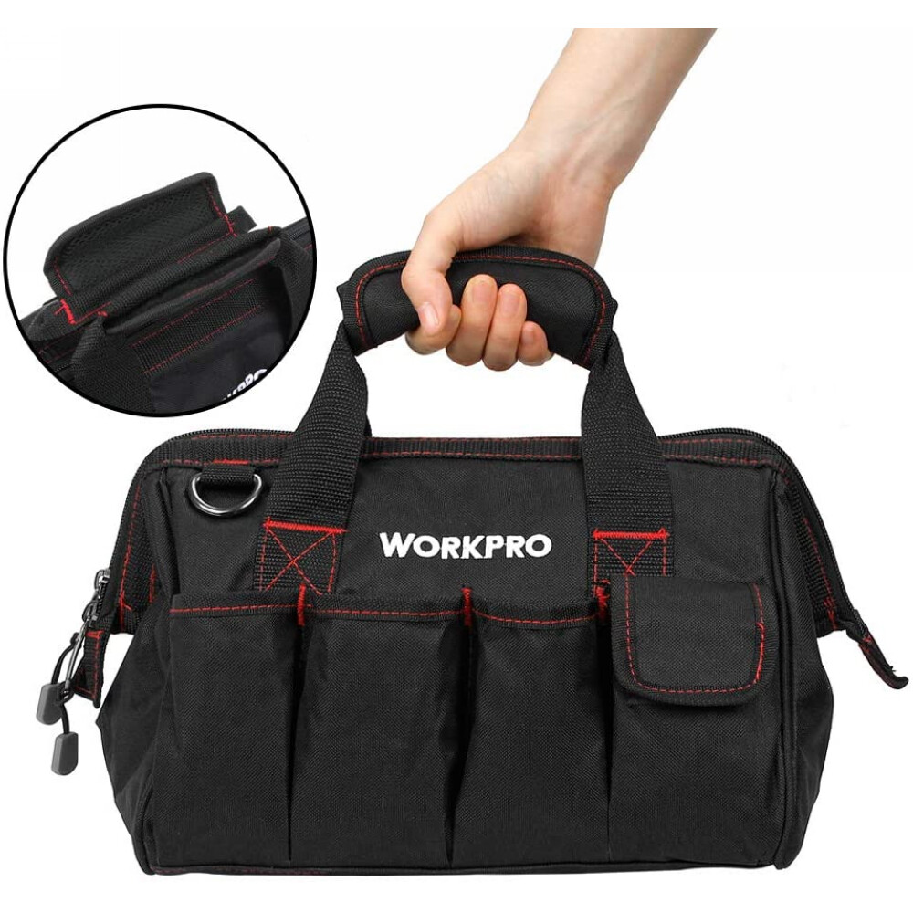 Workpro 12” Storage Tool Bag Close Top Wide Open Mouth Polyester Double Zipper