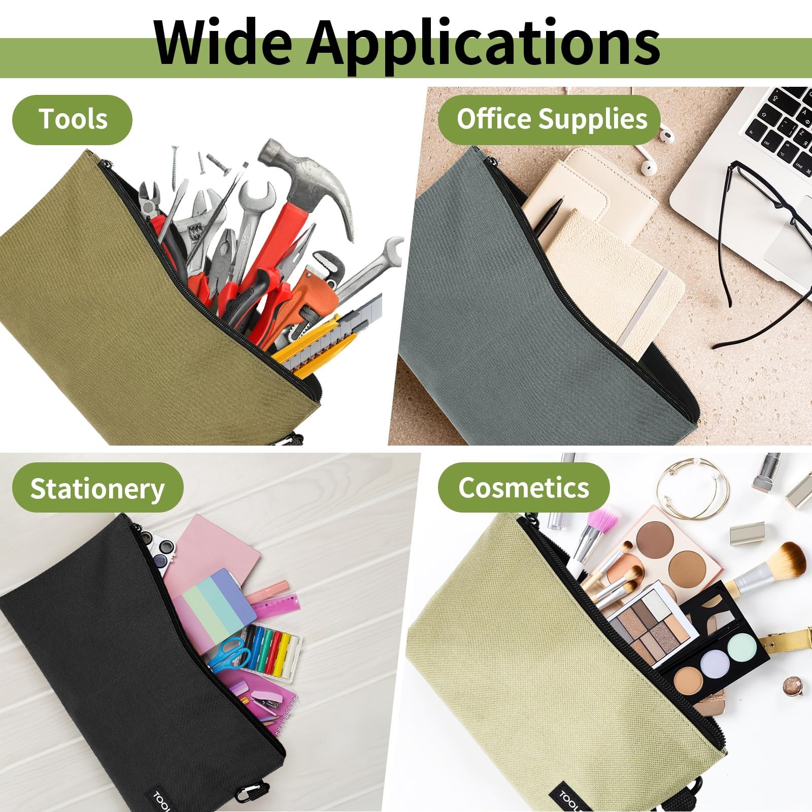 6 PCS Zipper Pouch Premium Tool Bag Utility Flat Bottom Storage Carabiner