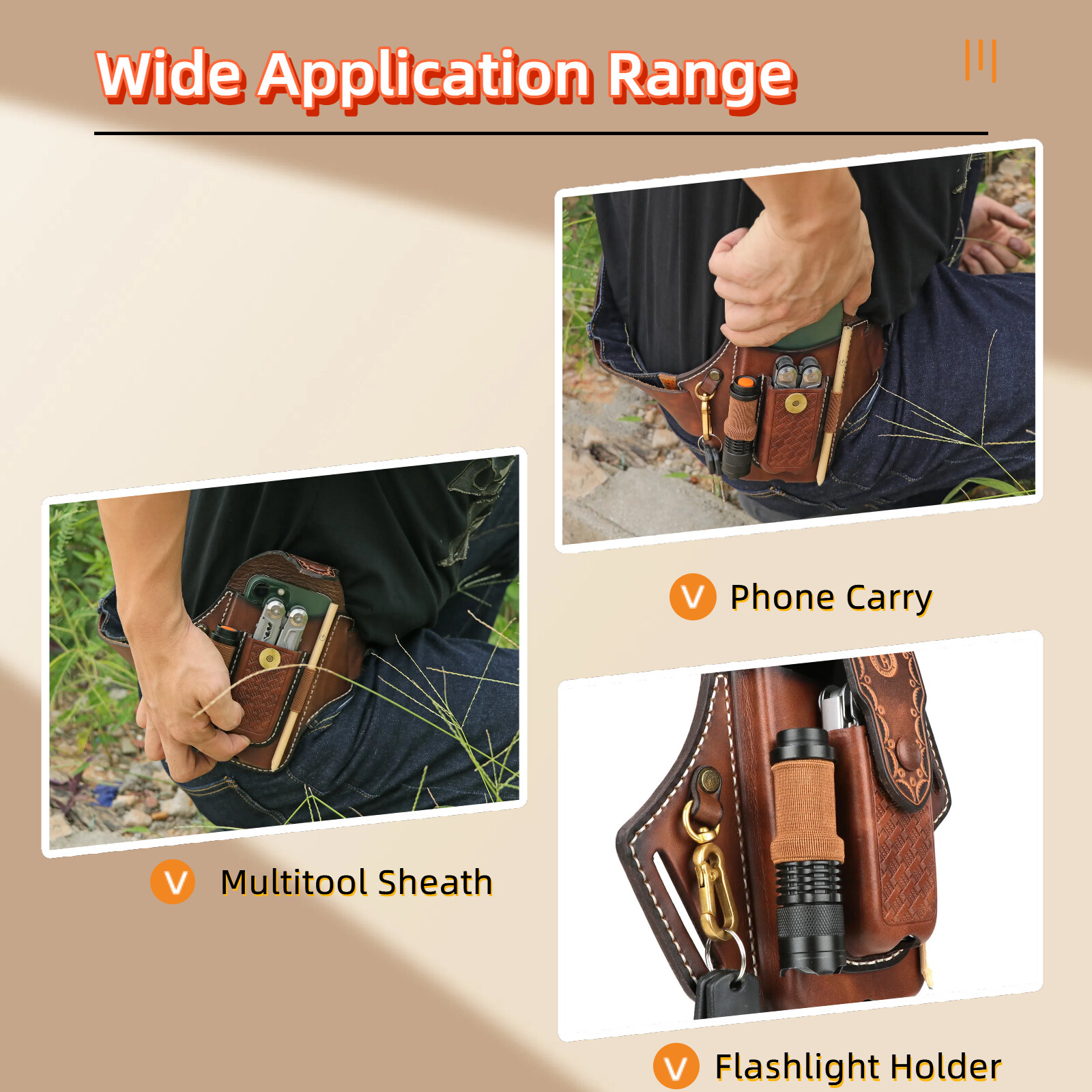 Tourbon Leather EDC Multitool Carry Sheath Belt Holster Pen Pouch Phone Case