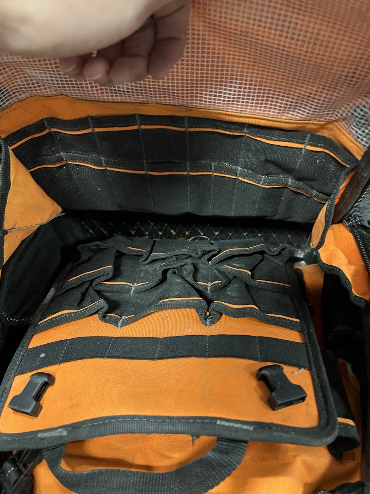 WELKINLAND 77 Pocket Large Tool Backpack Black/Orange Molded Base, Padded Handle