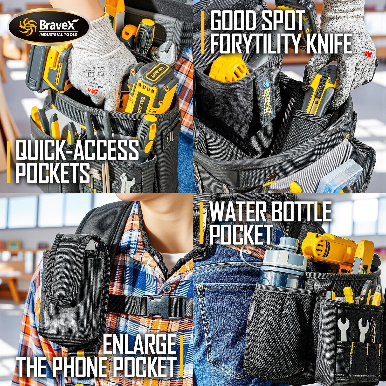 Bravex Tool Belt Suspenders, Tool Vest Ultra 20 Bags H-Style Toolbelt 5 Combo…