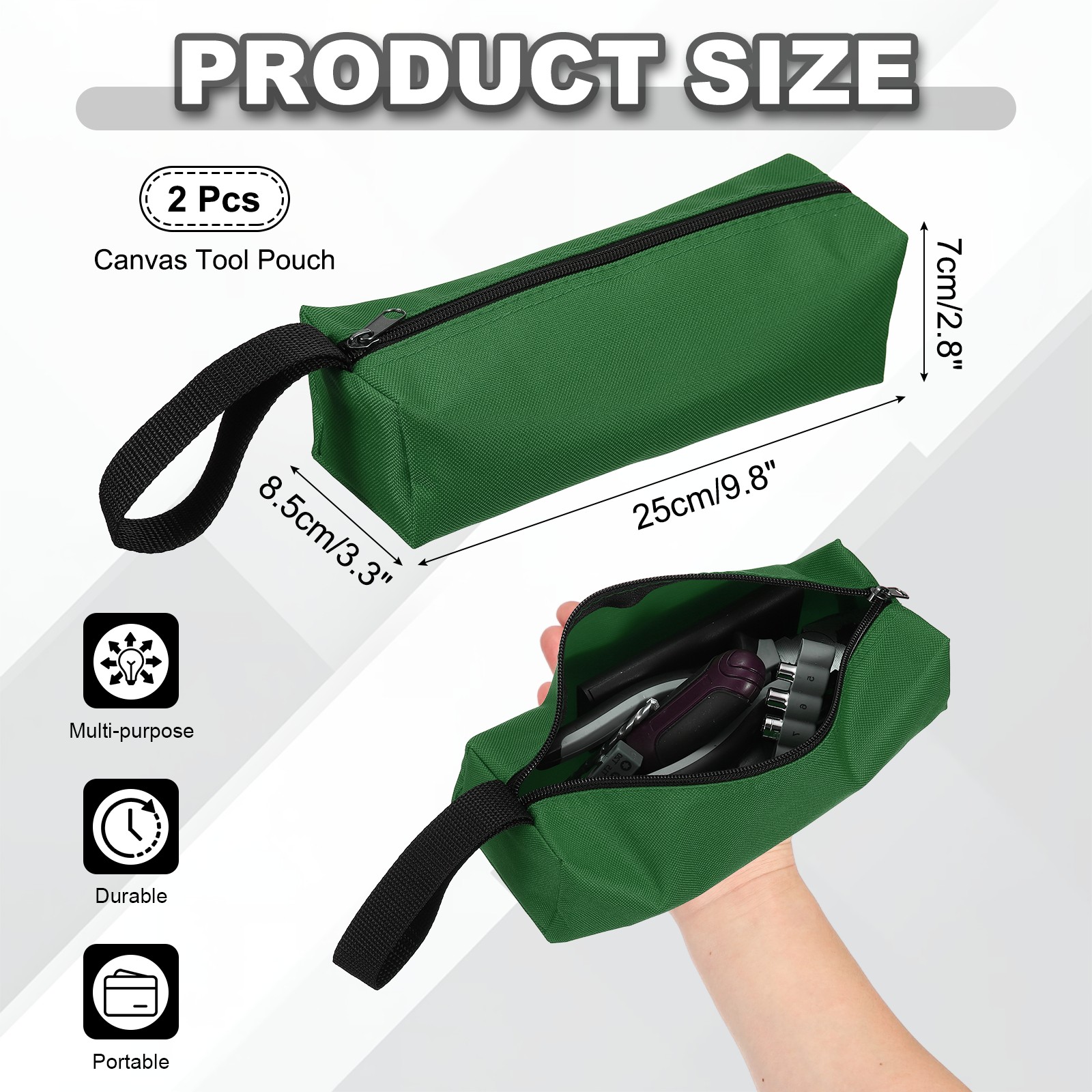2 Pcs 9.8×3.3×2.8″ Multi Purpose Zipper Canvas Tool Pouch, Army Green
