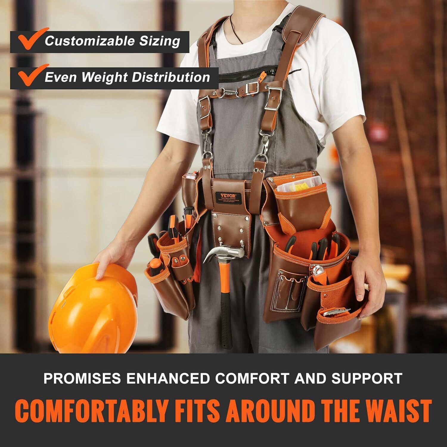 VEVOR Genuine Leather Professional Tool Belt Suspenders, 29-54” Adjustable, 19 P