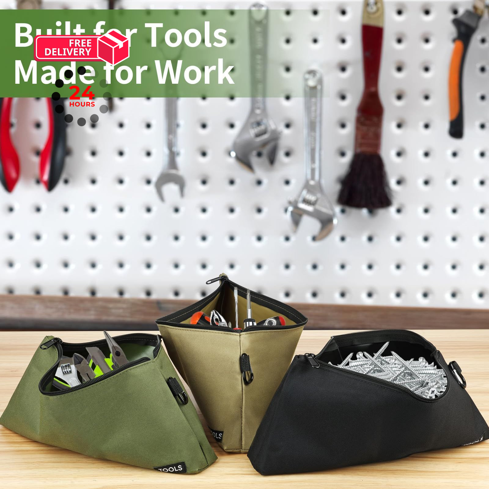 3 Pcs Zipper Tool Pouches, 12 Inch Flat Bottom Utility Bags 12″, Multicolored