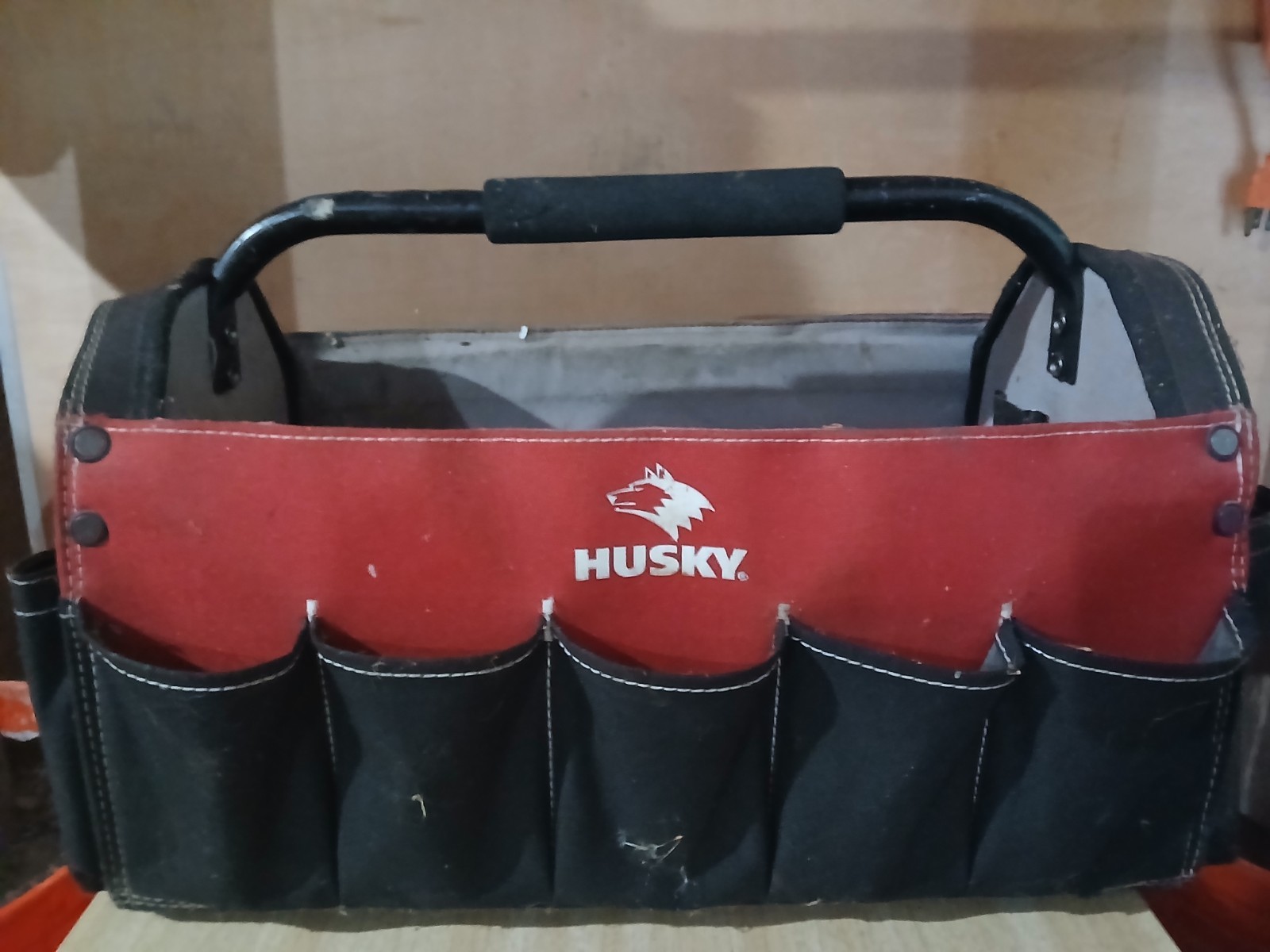 Husky Tool Bag 17 in 18 Pocket Open Top Padded Handle Weatherproof Polypropylene