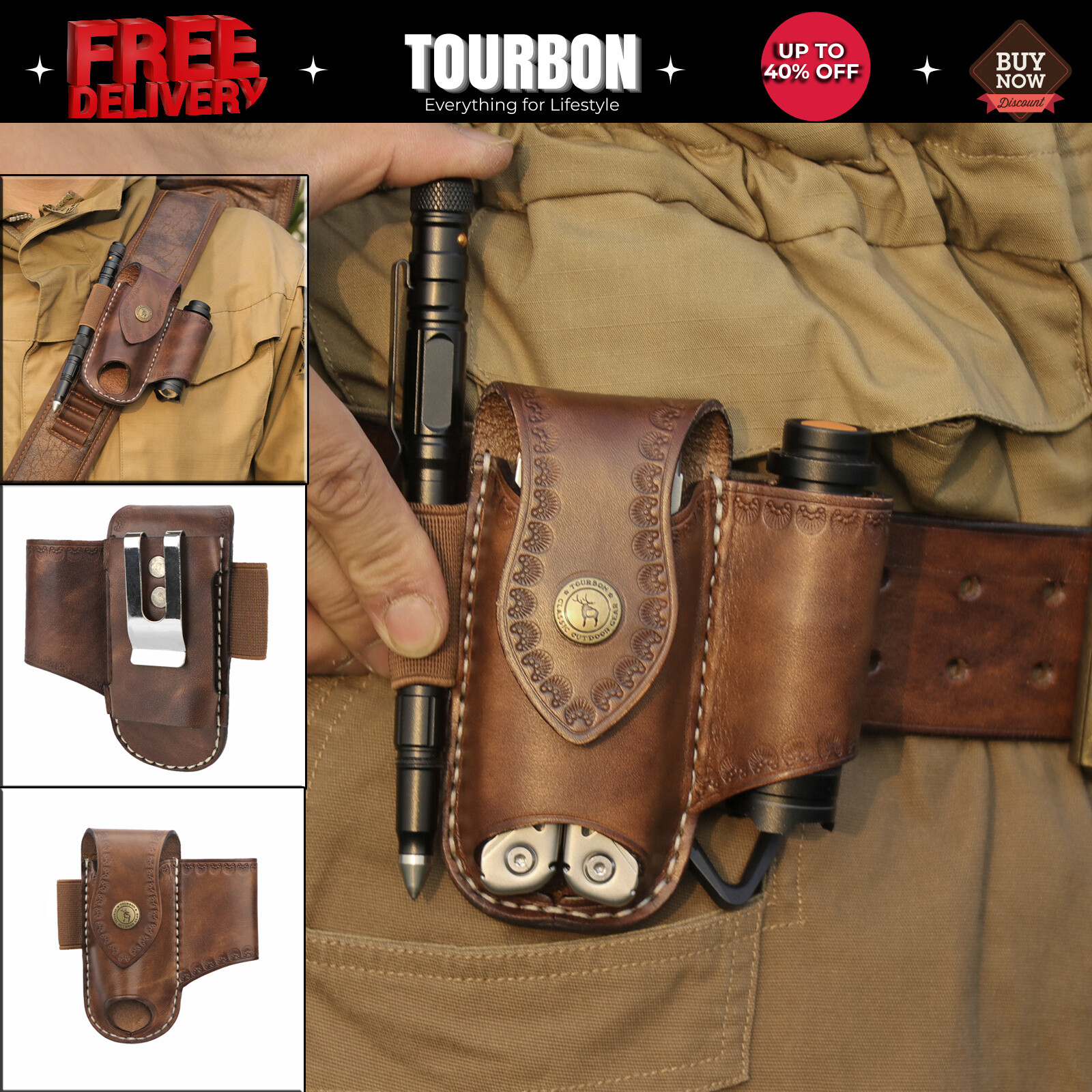 TOURBON Leather Knife Sheath Belt Holster Pouch Folding Multitools Pliers Case